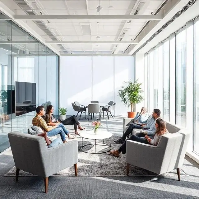A bright, modern office lounge area where team members can relax.