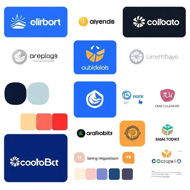 A collection of brand assets including logos, color palettes, and typography.