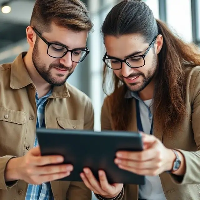 A close-up of two team members collaborating over a digital tablet.