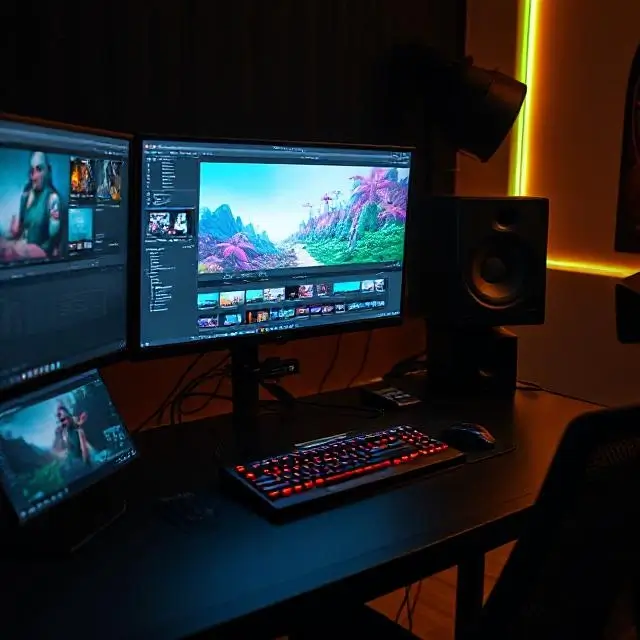 A motion graphics designer's workstation with animation software on screen.