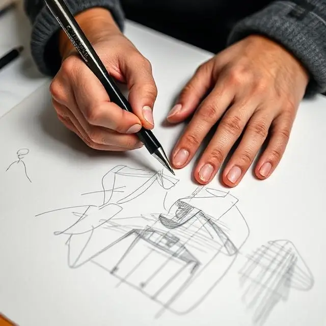 A close-up shot of a designer's hands meticulously working on a sketch.