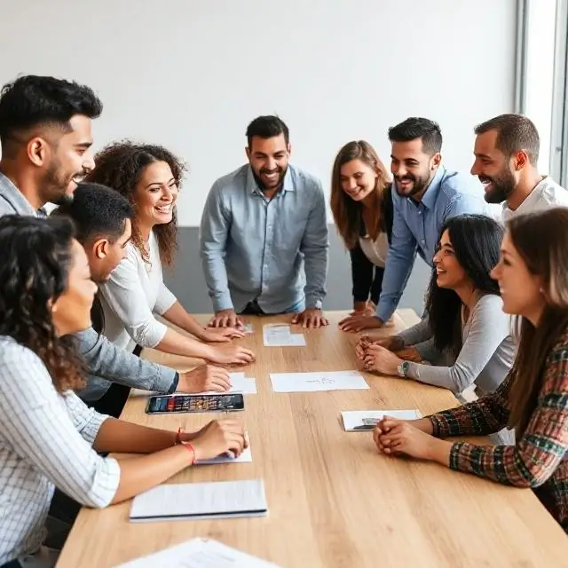 A diverse team collaborating and laughing around a large table.