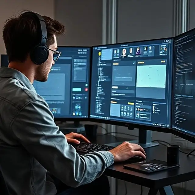 A designer working on a complex user interface on a large monitor.