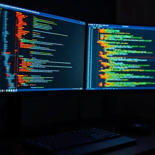 A developer's dual-monitor setup with code.