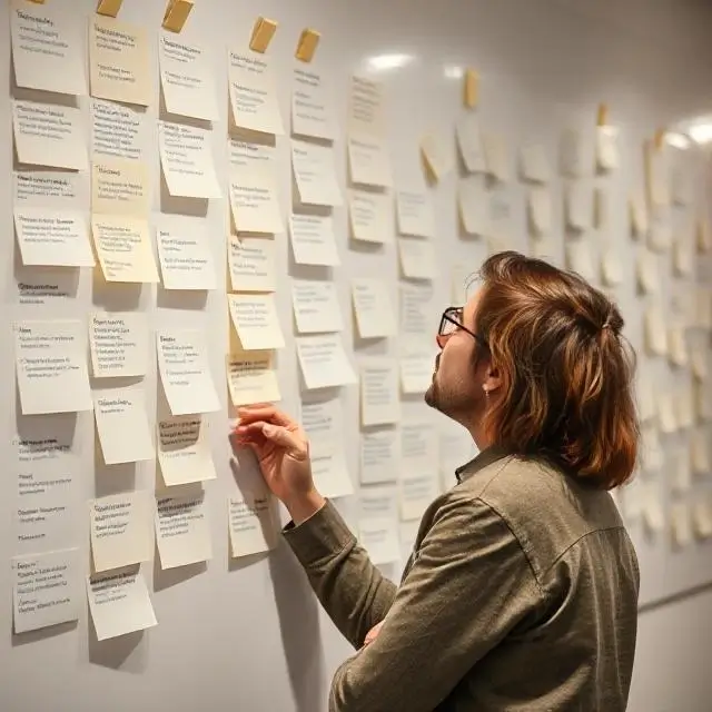 A person thoughtfully observing a wall of strategic notes.