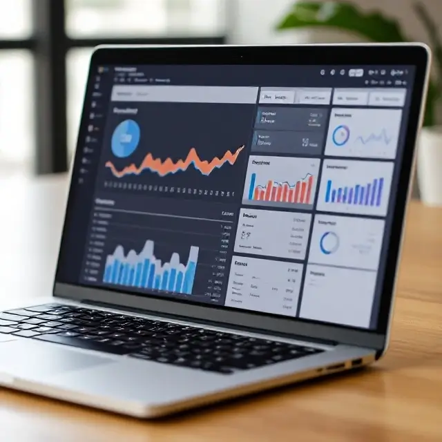 A laptop screen showing a dashboard with analytics.