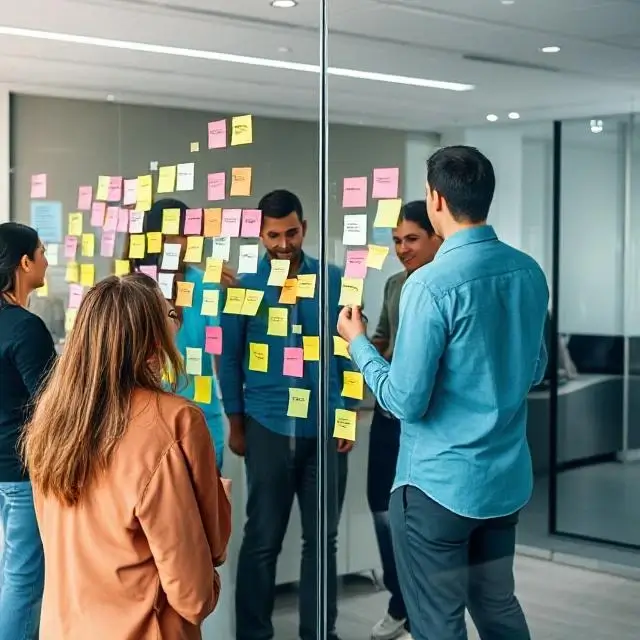 A team collaborating with sticky notes on a glass wall, illustrating a dynamic and transparent process.