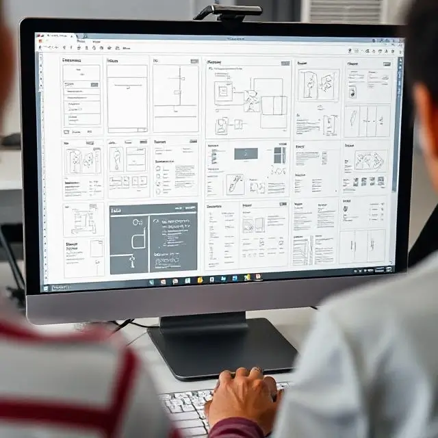 A UI/UX designer's screen showing intricate wireframes.