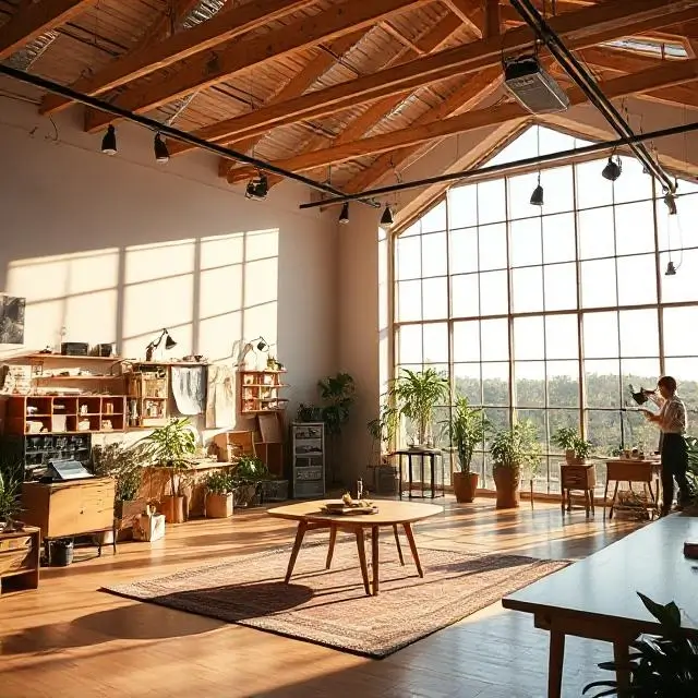 A wide shot of the beautiful, sunlit Polygon creative studio.